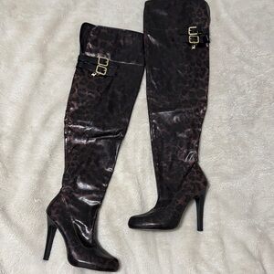 Baby Phat Sarah Dark Leopard Brown/Black Over the Knee Boots - 9